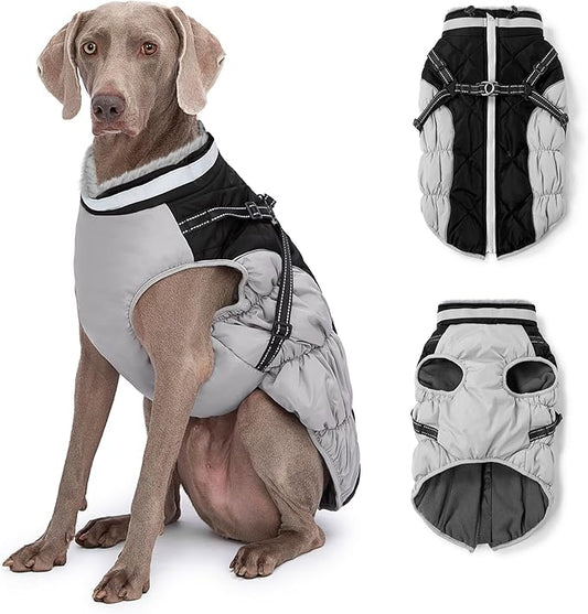 Dog Winter Coat with Harness, Dog Jacket, Pet Clothes with Zipper on Back, Waterproof Windproof Warm Vest, Reflective Cold Weather Coats, for Small Medium Large Dogs, Thick, Black, 2XL