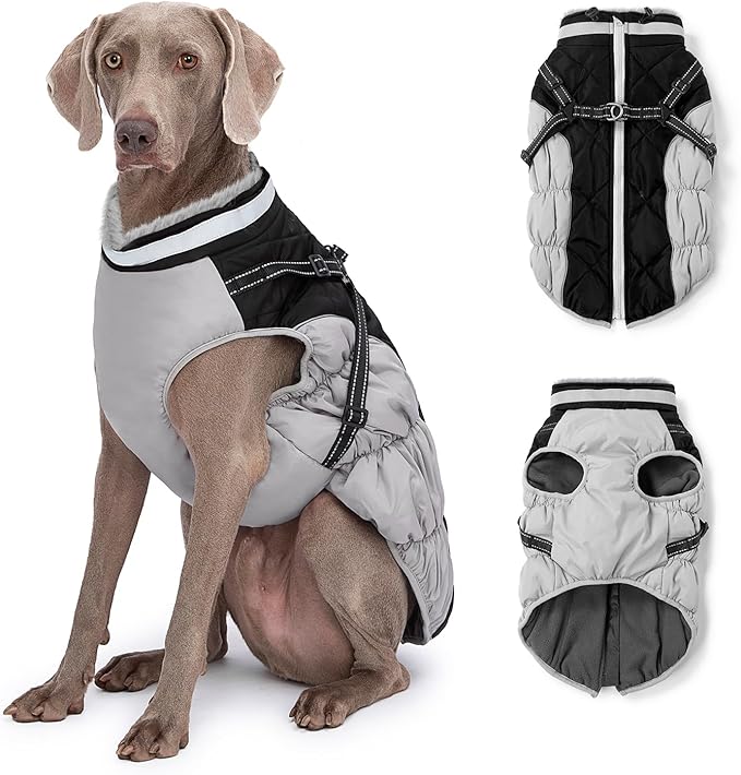 Dog Winter Coat with Harness, Dog Jacket, Pet Clothes with Zipper on Back, Waterproof Windproof Warm Vest, Reflective Cold Weather Coats, for Small Medium Large Dogs, Thick, Black, 3XL