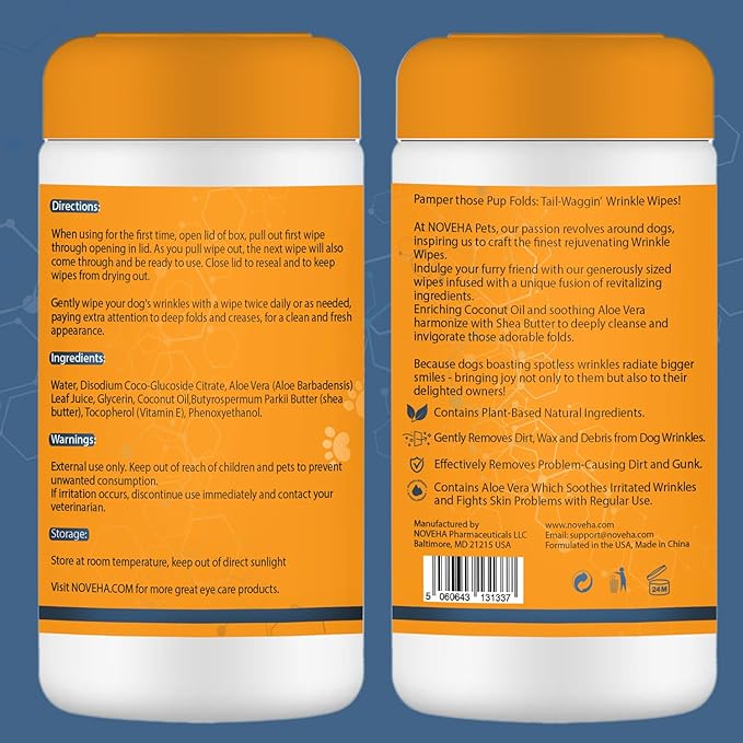 NOVEHA 120PCs - 5”x7” Large Dog Wipes | Wipes for Bulldog, French Bulldog, Pug, English Bulldog | Deodorizing, for Multiple Areas Removes Dirt, Wrinkles, Folds, Tear Stain, Tail Pockets & Paws