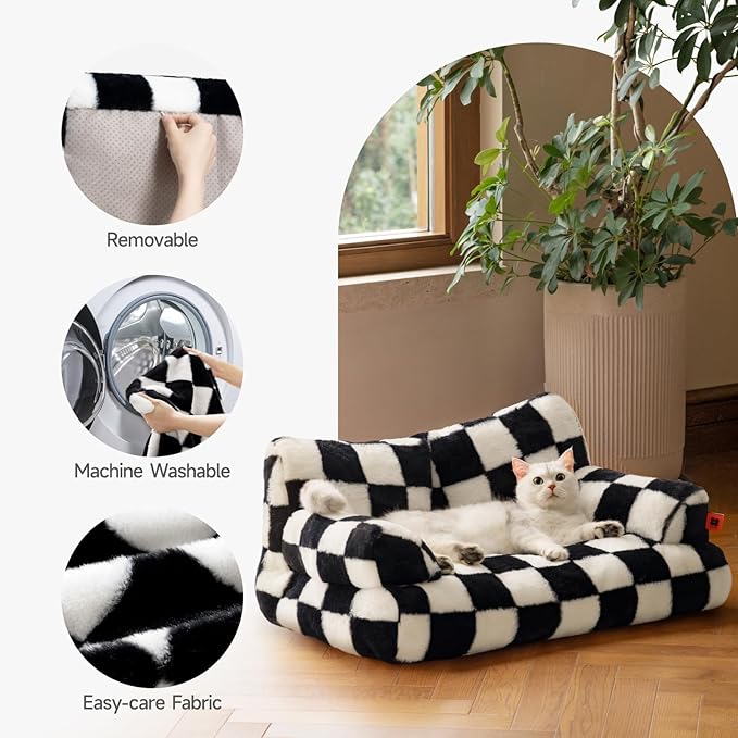 MEWOOFUN Cat Bed for Indoor Cats, Washable Dog Beds for Small Medium Dogs & Cats, Fluffy Cat Couch with Non-Slip Bottom (Black&White, 26.0" L x 19.0" W x 13.0" Th)