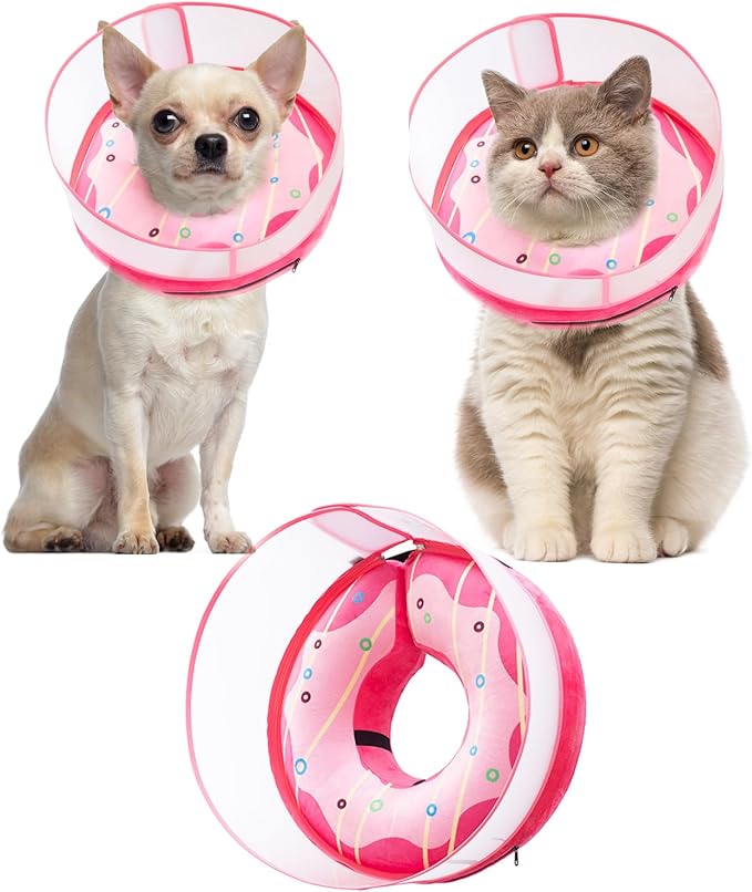Inflatable Dog Cone Collar for Large Medium Small Dogs, Soft Dog Donut Collar Adjustable Recovery Cone for Pets After Surgery, Extra Enhanced Anti-Licking Guard Shield (Pink Donut, Medium)