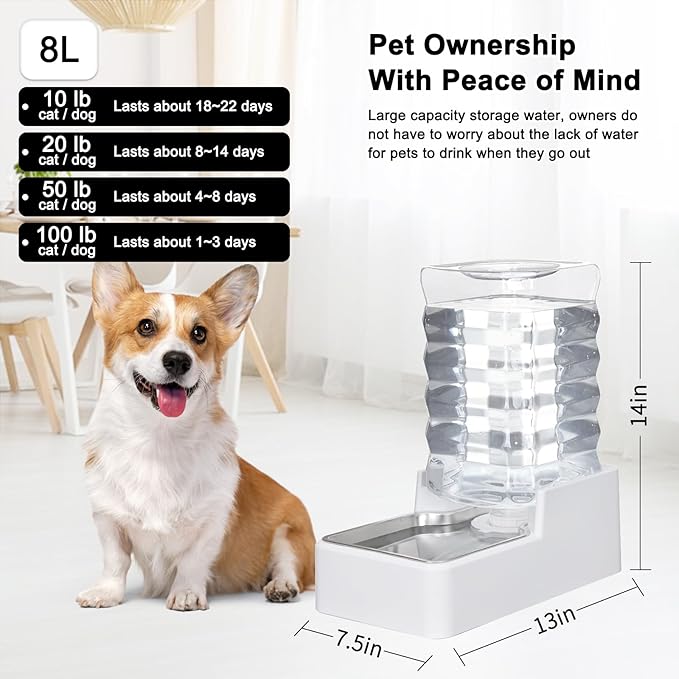 Sfozstra Dog Water Bowl Dispenser: 8L Lagre Automatic Gravity White Upgraded Pet Water Dispenser - Stainless Steel Bowl - BPA-Free - Two Caps and Filters for Multiple Pets