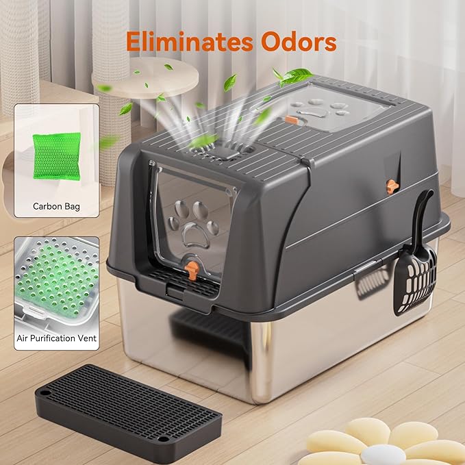 Enclosed Stainless Steel Cat Litter Box with Lid, Front & Top Flap, 180° Flip-top Design, Extra Large Metal Cat Litter Box with Scoop & Filter Pedal,Odor-Resistant (Dark Gray)