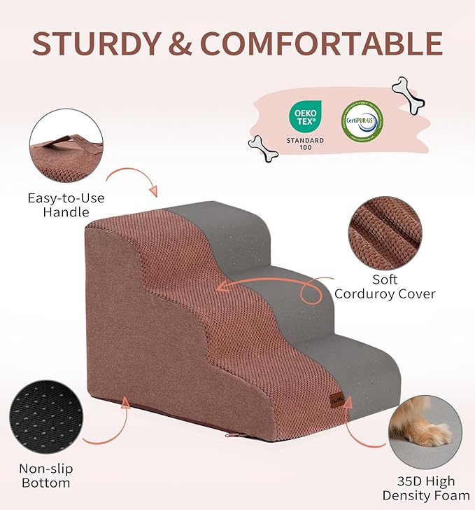 Made4Pets Dog Stairs Ramp for High Bed, 5-Step Pet Stairs for Bed Couch Sofa Climbing, 35D Foam Pet Steps for Small Dogs and Cats, Non-Slip Bottom Dog Steps, Brown