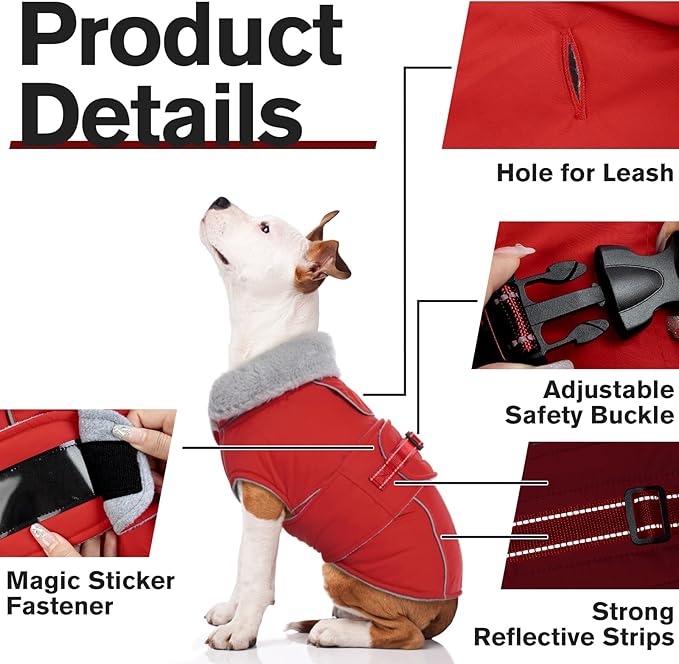 Lelepet Warm Dog Coat - Reflective Waterproof Fleece Vest with Adjustable Buckle Hook & Loop, Windproof Winter Jacket Dog Coats for Small Medium Large Dogs, Red, XXXL