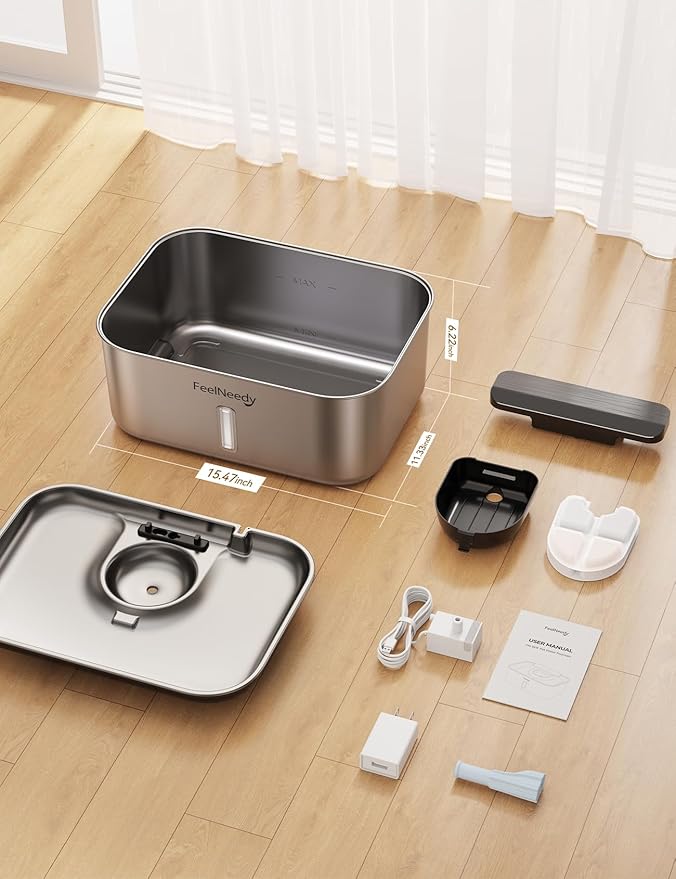 FEELNEEDY 3 Gal Stainless Steel Dog Water Fountain for Large Dog, Pet Water Fountain, Dog Water Bowl Dispenser with Water Level Window, Super Quiet for S-L Dogs and Multi-Pet, Easy to Clean(FN-W13)