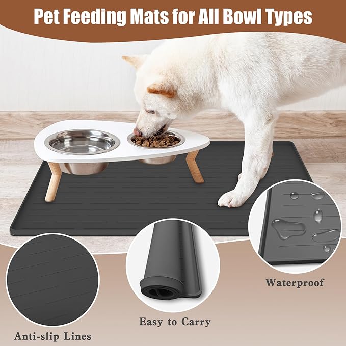 24"x16" Large Dog Food Mat, Silicone Dog and Cat Mats for Food and Water Bowls, Waterproof Raised Edge Pet Feeding Mat for Contain Spills Protects Floors, Multiple Colors & Sizes for Pets, Black