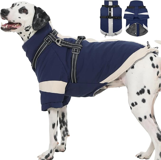 Turtleneck with Sleeves Dog Coats for Medium Dogs-L| Jackets with Reflective Harness Built in,Water-Repellent & Windproof Snowsuit,Soft Warm Lining for Beagle Cold Protection(Navy-Blue)
