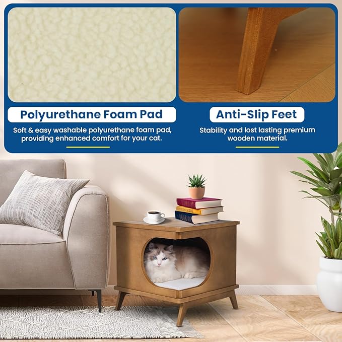 Wooden Cat Bed End Table – 15.7"x15.3"x15.7" Modern Cat Furniture for Bedroom & Living Room – Nightstand Pet House with Removable Cushion – Cat Hideaway Side Table with Natural Wood Finish