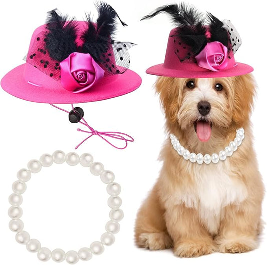 Yewong Formal Top Hat Fascinator Set with Pet Pearl Collar for Kentucky Derby, Christmas, Weeding, Photo Props Party (Pink)