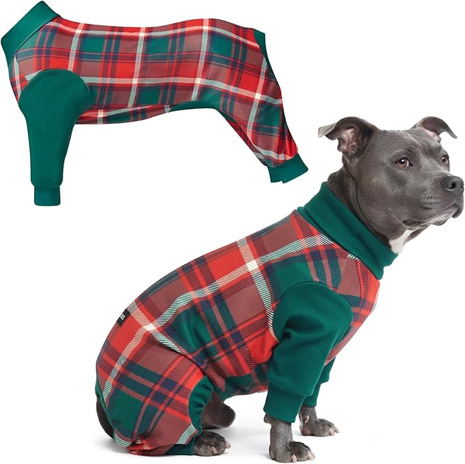 Spark Paws Dog Christmas Pajama, Dog Recovery Suit Male, Onesie, Ultra-Soft and 4-Way Stretch, for Small Medium and Large Breeds - Green and Red Plaid - 3XL