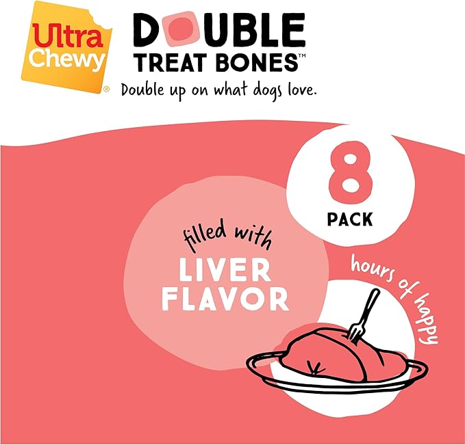 Ultra Chewy Liver Double Treat Bones: Long-Lasting Dog Treats Made in USA for Large and Small Breeds, Highly Digestible, Ideal for Aggressive Chewers (12 Count)