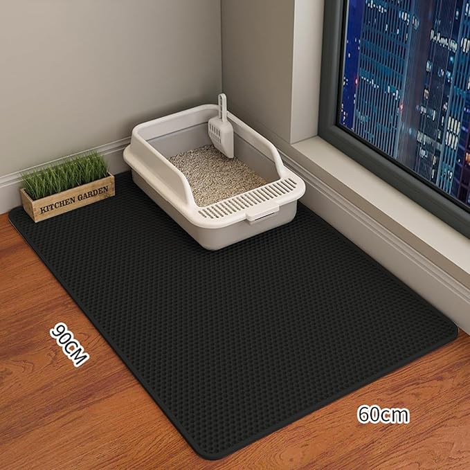 Cat Litter Mat Cat Litter Trapping Mat, 35 x 24 inch Honeycomb Double Layer Design, Urine and Water Proof Material, Scatter Control, Less Waste, Easier to Clean, Washable black