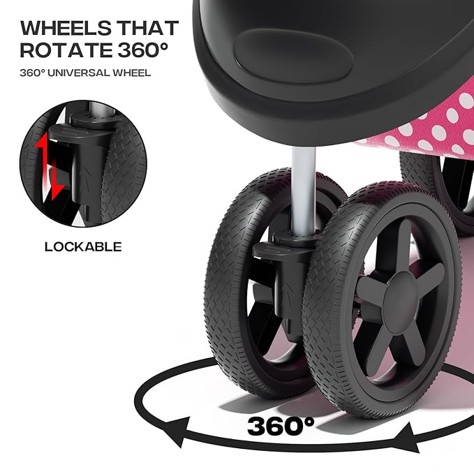 Cat Dog Stroller,3-Wheels Pet for Medium/Puppy Dogs 30 Lbs, Cat Strollers for 1 Cats, Foldable Dog Stroller with Storage Basket and Cup Holder, Breathable Mesh Pink Polka Dots