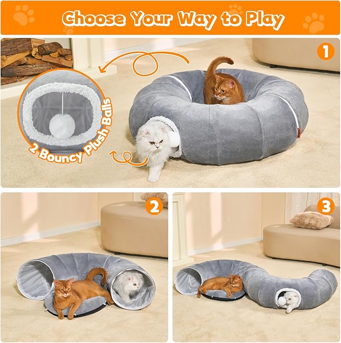 Cat Tunnel Bed 35.5 Inch XL Cat Donut Tunnels for Indoor Cats Cute Tubes Round Pet Play Tunnel Toy for Kitten Puppy Rabbit with Washable Circle Cushion Grey
