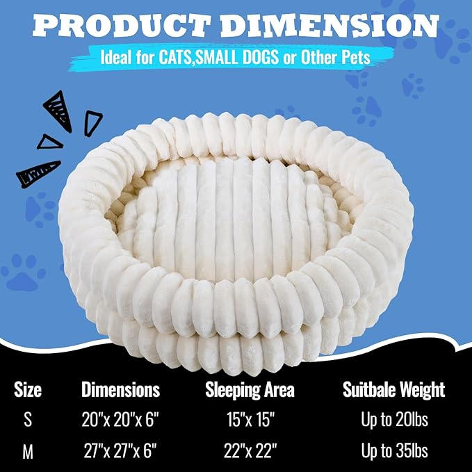 Washable Cat Bed Donut Dog Beds for Small Dogs with Corduroy Fleece Super Soft Pet Bed for Puppy and Kitten,20 * 20 * 6 in