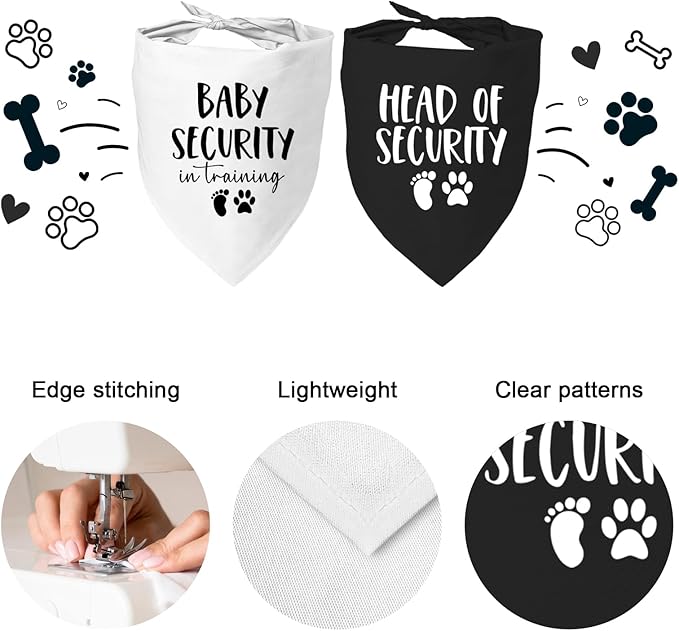 2 Pack Baby Security in Training and Head of Security, Dog Bandanas for Pregnancy Baby Announcement for Small Medium Large, Pet Announcements, Soft Breathable Fabric for Puppy Cats (Black&White)