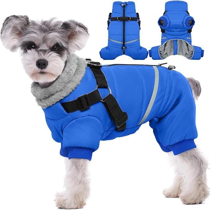 BRKURLEG Blue Dog Winter Coat, Cozy Winter Dog Jackets, Small Dogs Coat with Harness, Onesie Body Warm Puppy Christmas Jacket, Pet Reflective Cold Weather Jackets, Puppy Four-Legged Puffer Coats,L