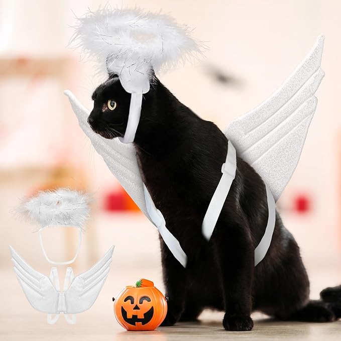 Pet Halloween Costume Angel Dog Costume Wings and Dog Devil Cat Angel Devil Cosplay Outfit Fits Many Pets for Christmas, Halloween Parties, Gifts for Dog & Cat Lovers(White, Black)