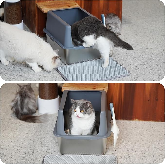 Stainless Steel Cat Litter Box, Covered Metal Litter Tray, Cat Litter Pans with High Sides, Kitty Litter Box for Small and Medium Cats (Non Sticky, Anti-Urine Leakage) 17.5" L x 13.5" W x 6" H