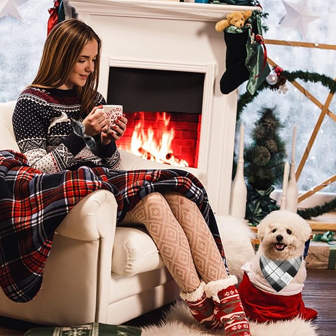 E-Clover Christmas Plaid Dog Scarf & Matching Scrunchie Set - Triangle Pet Bandana Bibs for Small Dog Puppy Owner Birthday Gifts - Black & White