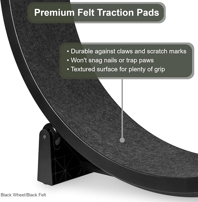 One Fast Cat - Cat Exercise Wheel - Gen. 7 - Safe 48" Diameter - Made in The USA - Black Wheel with Black Felt Traction Pads and Solid Inline Wheels