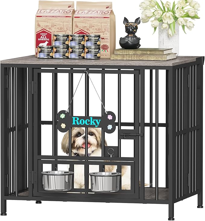 Easycom 27" Dog Crate Furniture Foldable, No Assembly Decorative Dog Kennel Indoor, Dog Crates for Small Dogs (Under 20 lb), Wooden Dog Cage with Adjustable Bowls and Name Tag, End Table, Oak Grey
