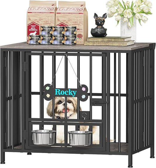 Easycom 27" Dog Crate Furniture Foldable, No Assembly Decorative Dog Kennel Indoor, Dog Crates for Small Dogs (Under 20 lb), Wooden Dog Cage with Adjustable Bowls and Name Tag, End Table, Oak Grey