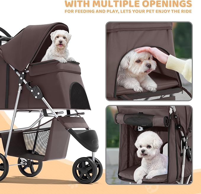 Magshion 3-Wheel Pet Stroller, Foldable Travel Jogger for Small & Medium Dogs & Cats (Up to 33lbs), Lightweight Carrier with Breathable Mesh Cover, Cup Holder & Storage Basket, Coffee