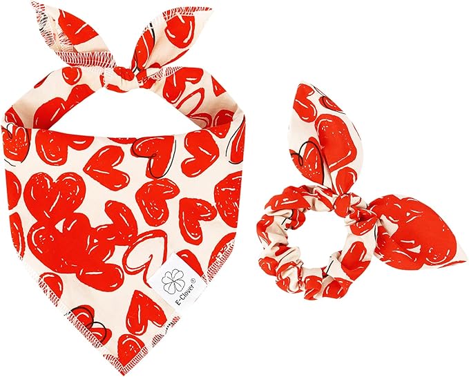 E-Clover Cute Dog Bandana & Matching Scrunchie-Heart Dog Bandanas Red Pet Scarf Bib for Medium Large Dogs Girl Boy Owner Mothers Day Mom Gift