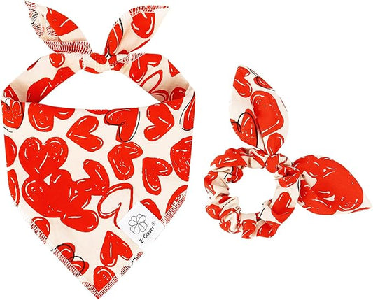 E-Clover Cute Dog Bandana & Matching Scrunchie-Heart Dog Bandanas Red Pet Scarf Bib for Medium Large Dogs Girl Boy Owner Mothers Day Mom Gift
