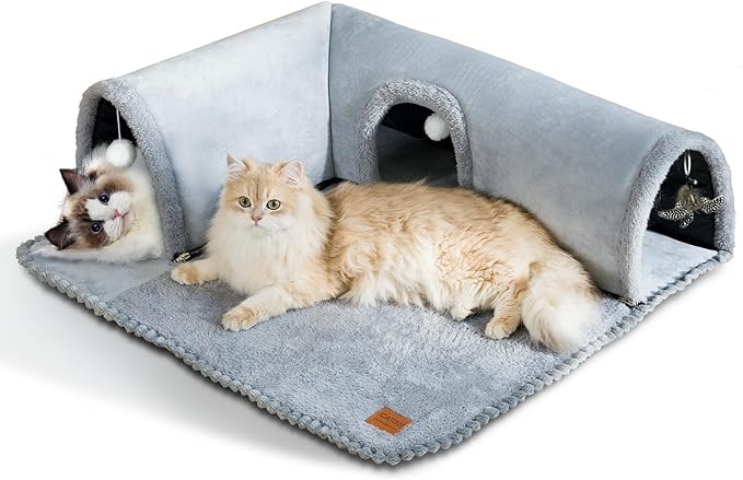 CATISM Cat Bed with Tunnel - Cat Beds for Indoor Cats 3-Way Ports 3 Toys, Soft Cave, Large Tunnel, Detachable Rug, Non-Slip Bottom Carpet for Kitten Ferrets Small Animals