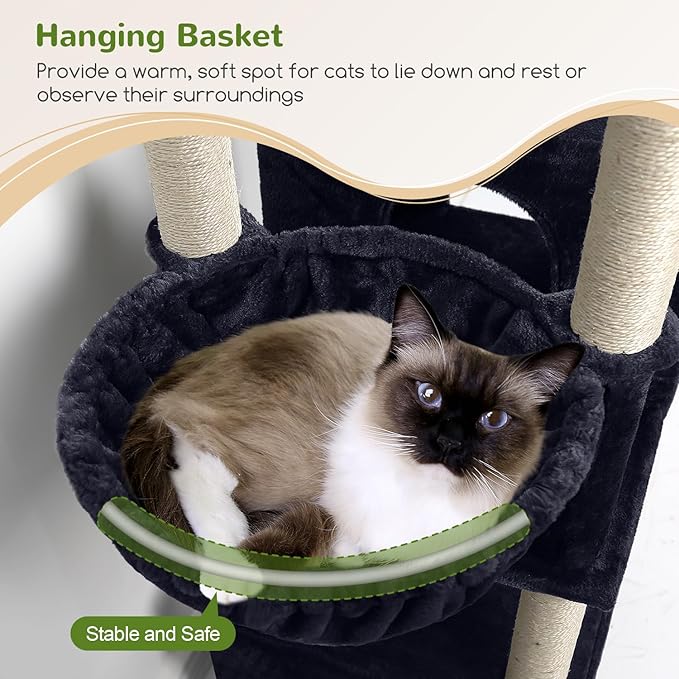 Globlazer Cat Tree Tall, 71 inches Cat Tower for Indoor Adult Cats Multi-Level 3 Condos for Indoor Cats XL Cat Tree Tower with Scratching Posts, Soft Extra Large Hanging Basket, F71, Dark Gray