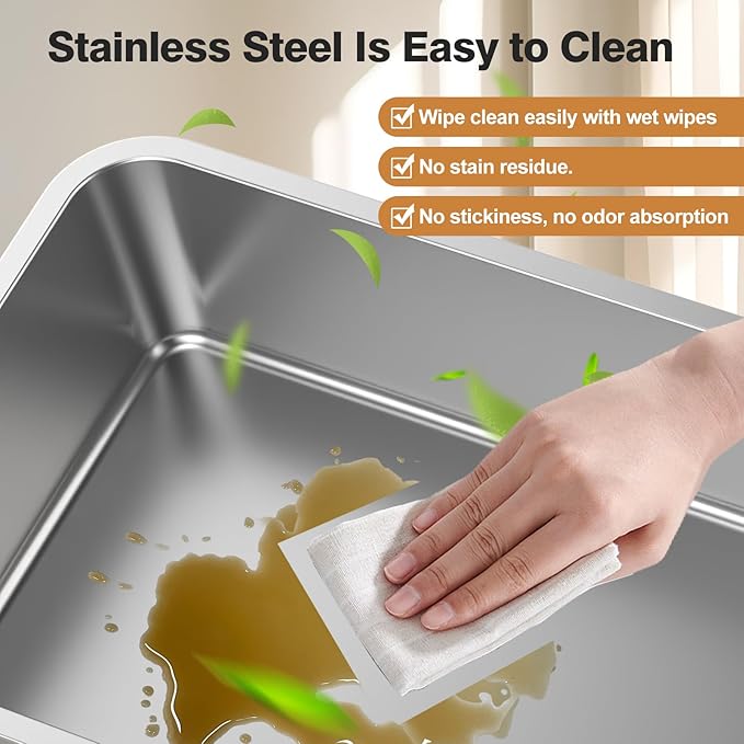 Stainless Steel Litter Box with Lid, XL Cat Box, Non-Sticky, Anti-Leakage, Easy to Clean (Beige)