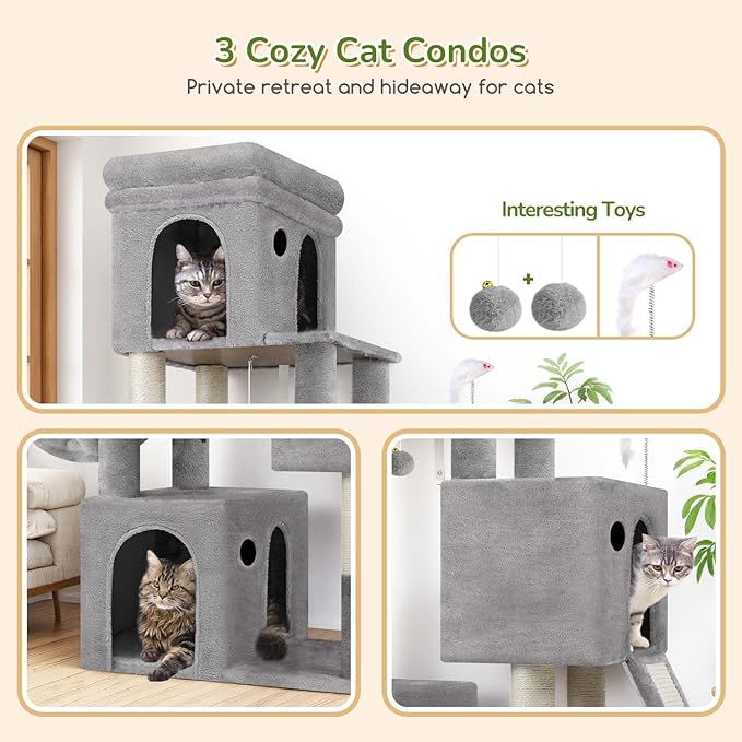 Globlazer Cat Tower for Multiple Indoor Cats, 52 inch Heavy Duty Cat Tree with 3 Condos, Plush Cat Condo with Scratch Posts and Pad for Adult Cats Kitten, Padded Perch, Basket Bed, F52B, Light Grey