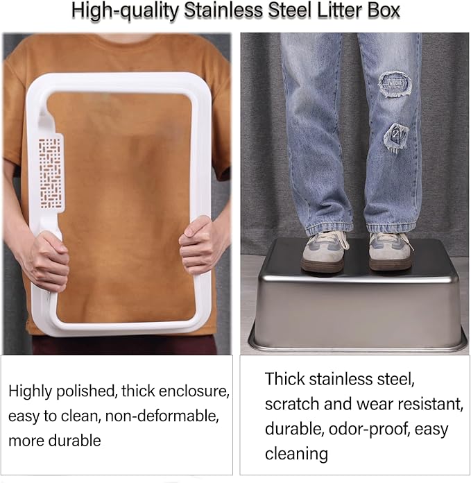 Medium Low Entry Enclosed Stainless Steel Cat Litter Box with lid Scoop and Pads Easy Clean Kitten Kitty Transparent Black Metal Litter Box