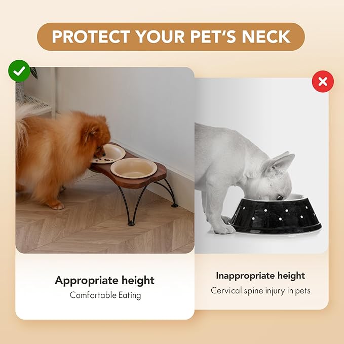 Ceramic 6.3-inch Raised Double-Bowl Set with Non-Slip Stand, Food & Water Dishes for Small and Medium Dogs, Wide Opening with Rounded Edges(Oat Beige)