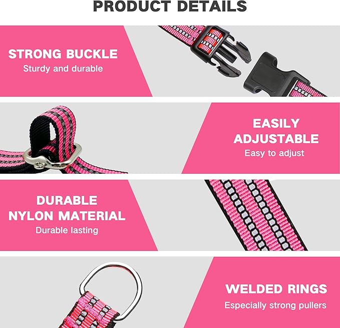Hikiko Martingale Dog Collars Reflective Nylon Dog Collar with Quick Release Buckle Adjustable Training No Slip Dog Collar (Large, Hot Pink)