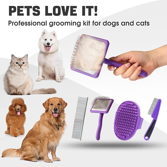 Dog Slicker Brush for Dogs Grooming Kit 4PCS | Large Dog Brush for Goldendoodles Poodles Doodles | Long Pin Haired Brush | Poodle Brushes and Comb (Purple)