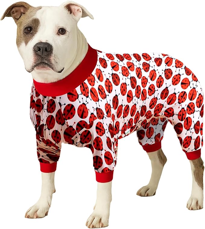 LovinPet Large Dogs Pajamas Clothes, Pitbull Onesie, Slim Fit, Lightweight Pullover Pajamas, Pitbull Clothes, Full Coverage Dog Pjs, Red Ladybug Prints, Full Coverage Large Breed Dog Pjs, 3XL