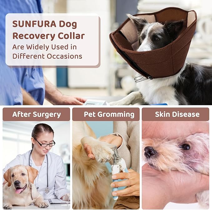 SUNFURA Dog Cone - Soft Cone for Dogs to Stop Licking, Pet E-Collar Alternative After Surgery, Adjustable Pet Recovery Collar for Wound Healing, Brown Medium
