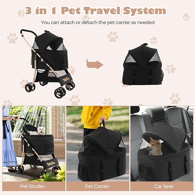 PETSITE 3-in-1 Pet Stroller, Portable Folding Dog Cat Stroller with Removable Car Seat Carrier, Adjustable Canopy, Zippered Mesh Entry and Storage Basket, Ideal for Small or Medium Sized Dogs