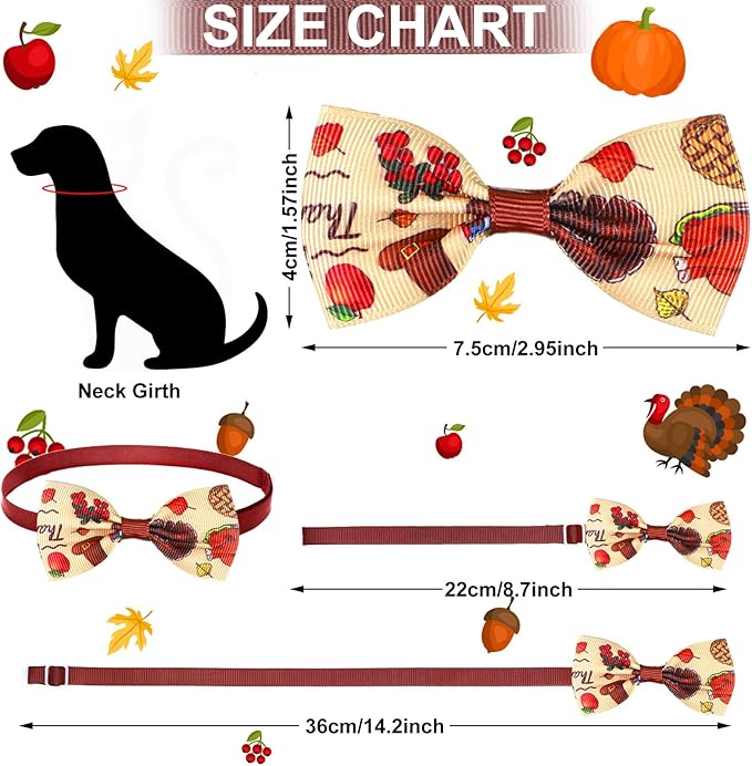 Eccliy 50 Pcs Fall Dog Bow Ties Collars for Dogs Adjustable Autumn Dog Bow Ties Neckties Set Thanksgiving Puppy Bows Grooming with Pumpkin Turkey Maple Leaves Pattern for Puppy Grooming Accessories
