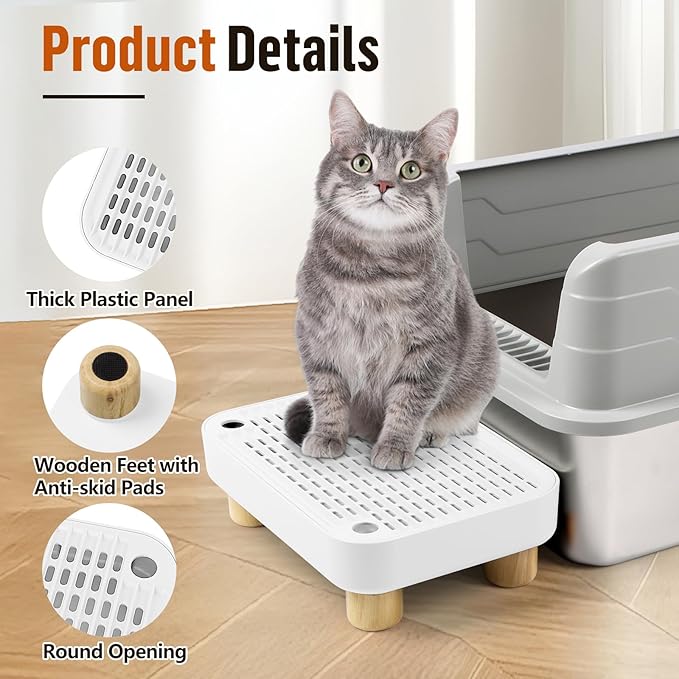 Cat Litter Box Step Ramp, Cat Litter Catcher Mat with Wooden Feet, Filter Function, Pedal Stool for Self-Cleaning Litter Box, Ideal for Kitten & Elderly Cats (White)
