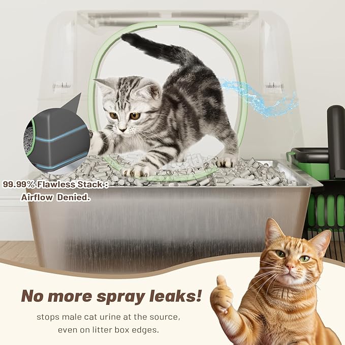 Extra Large Enclosed Stainless Steel Cat Litter Box Enclosure with Lid, Front Dual-Door and Top Exit Metal Cat Litter Pan Box for Big Cats, with Poop Scoop,Box Step, Waste Bin & Trash Bags, Black