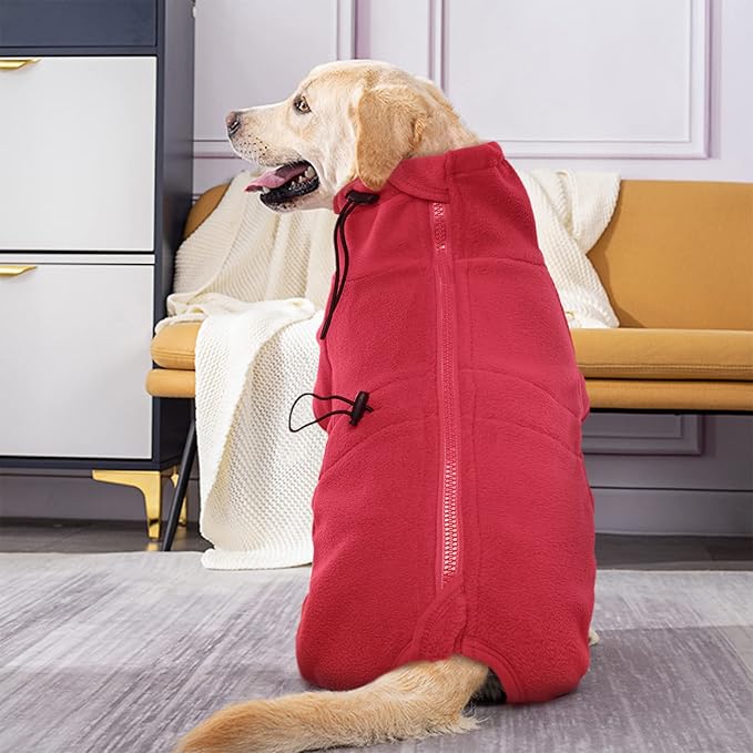 ROZKITCH Fleece Dog Jacket, Pet Windproof Warm Cold Weather Jacket Vest Cozy Jumpsuit Apparel Outfit Clothes for Large Giant Dog Walking Hiking Sleep Red 3XL
