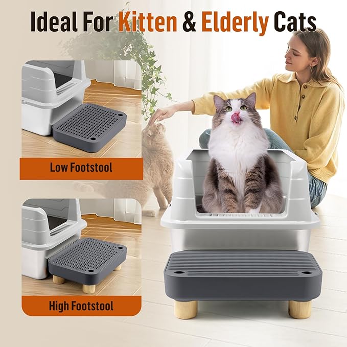 Cat Litter Box Step Ramp, Cat Litter Catcher Mat with Wooden Feet, Filter Function, Pedal Stool for Self-Cleaning Litter Box, Ideal for Kitten & Elderly Cats (Dark Grey)