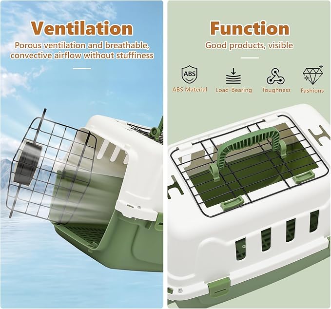 Athena Collection 18" Hard-Sided Travel Pet Carrier for Small Dogs and Cats, Plastic Dog Crate with 2-Door Top & Front Load, Ventilation, Security Lock, Cat Dog Carrier for Pet, up to 10lbs, Green