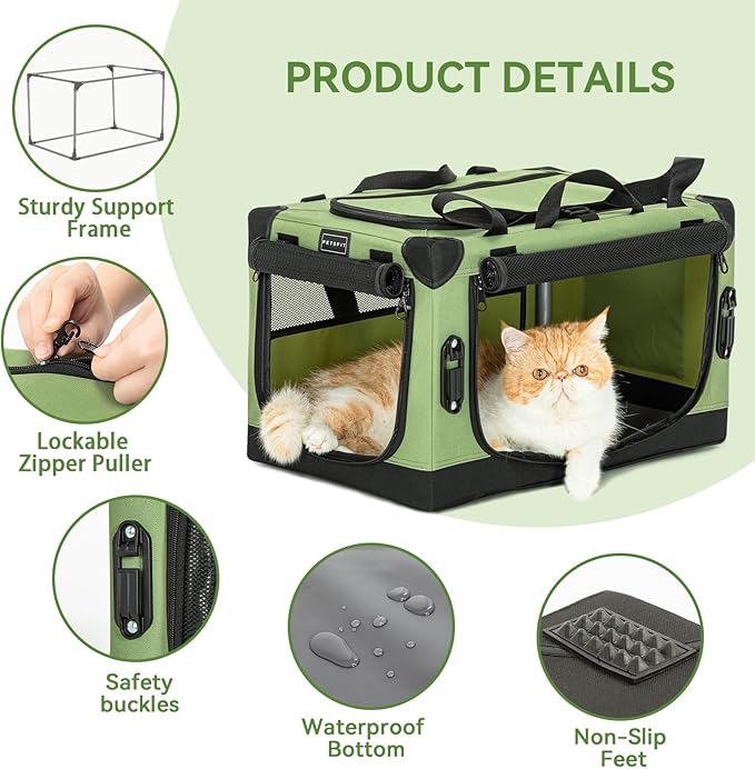 PETSFIT Soft Dog Crate, Dog Car Crate with Safety Belt Attachment Buckles and Thicken Mat, Adjustable Crate Cover, Portable & Collapsible Cat Crate Puppy Carrier Kennel, Green 20 inch