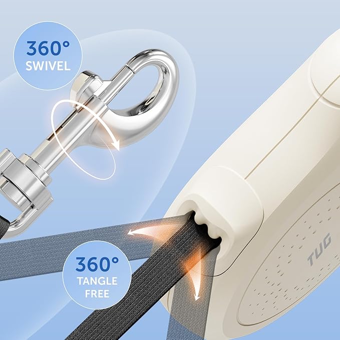 TUG Quest Retractable Dog Leash | 360° Tangle-Free Retraction | 16 ft Strong Nylon Tape (Medium, Cream)